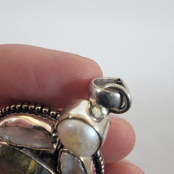 Artisan Black Jasper Pendant With Freshwater Pearl Accents on a 20" Silver Chain - Picture 7 of 10